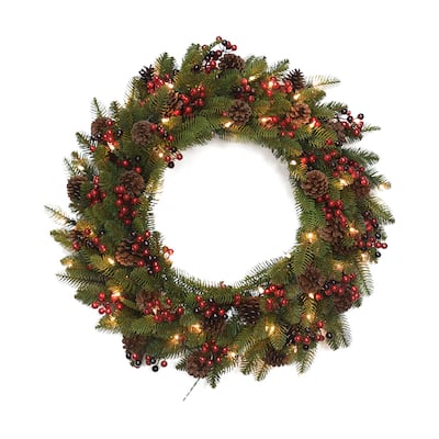 30 inch Wreath with Red Berries and Pine Cones, 200 Tips, 35 UL Lights