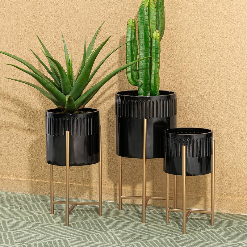Glitzhome Set of 3 Modern Metal Cachepot Planters with Stands Plant Flower Pot Indoor Outdoor