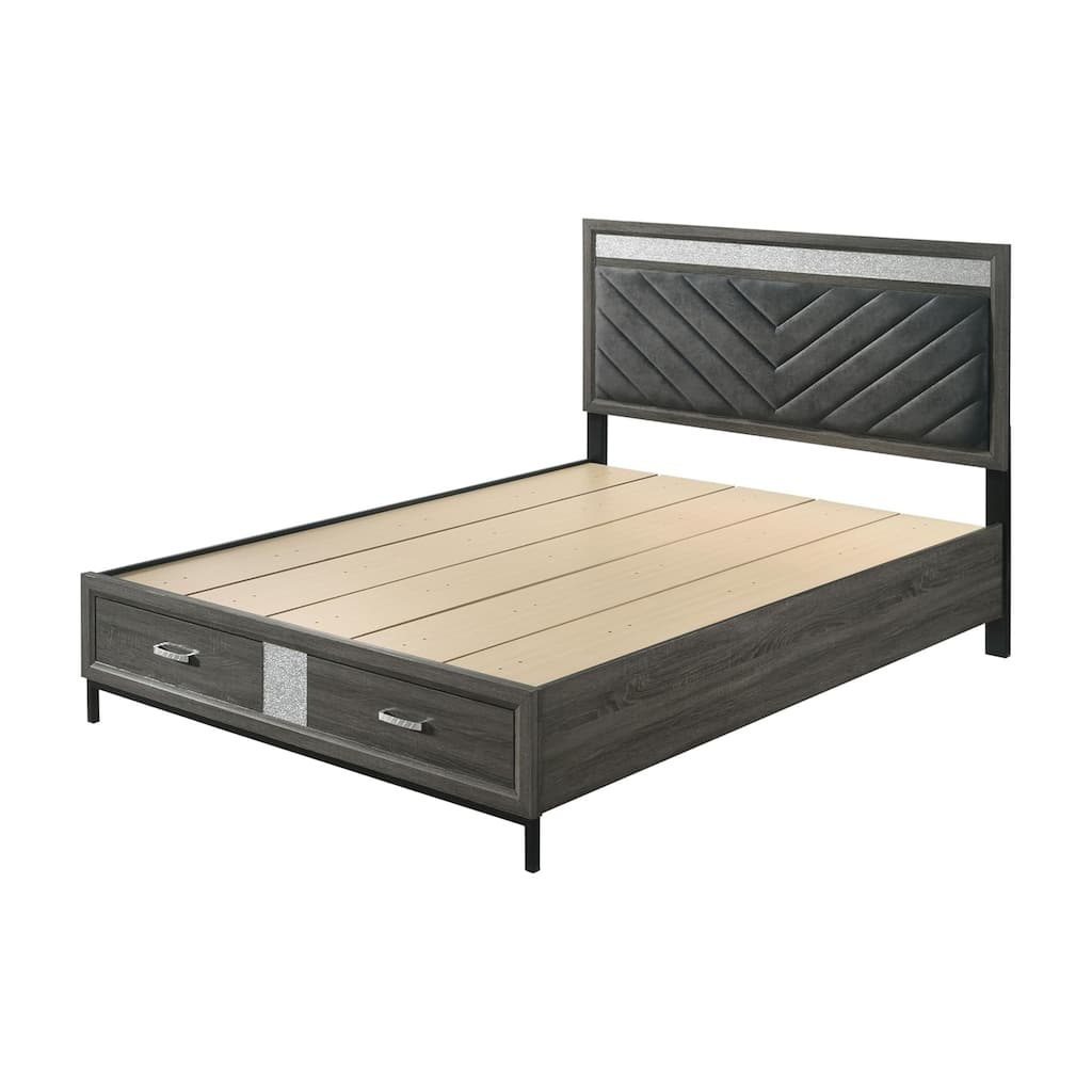 Lito Queen Size Bed w Padded Headboard, 2 Footboard Drawers, Gray