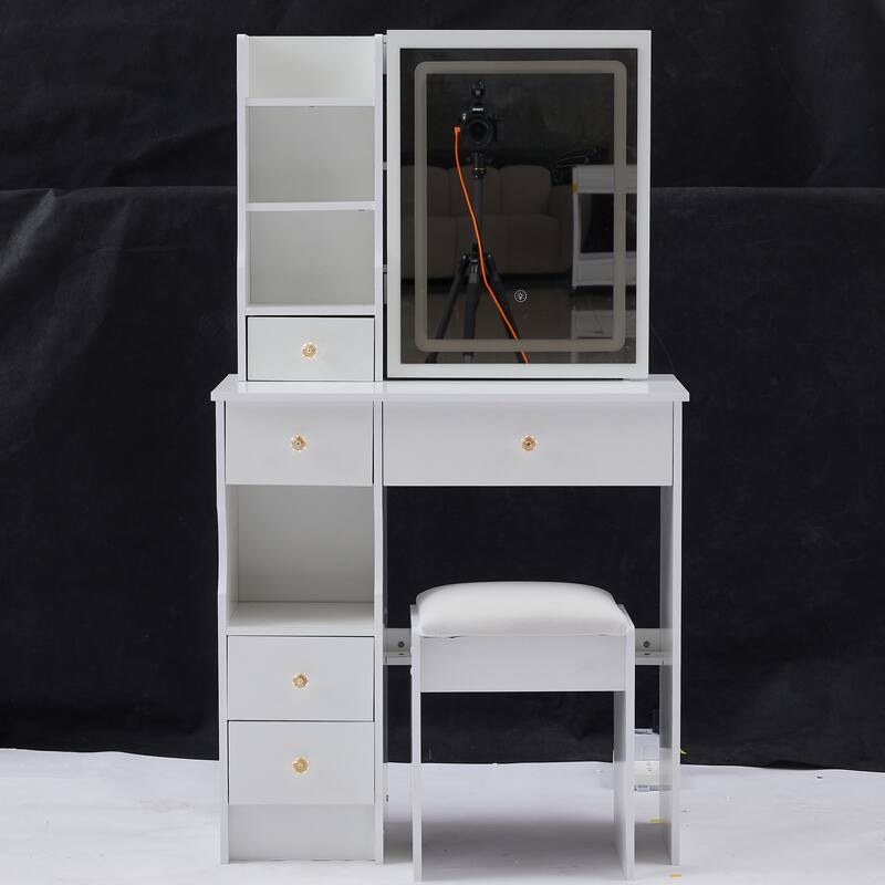 Dressing Table Stool Set with Brightness Adjustable Touch LED Mirror