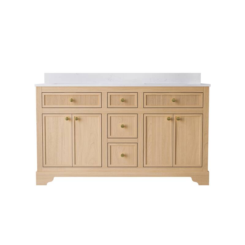 35''H Bath Solid Wood Vanity with Stain-resistant Carrera White Quartz Top And Single Sink