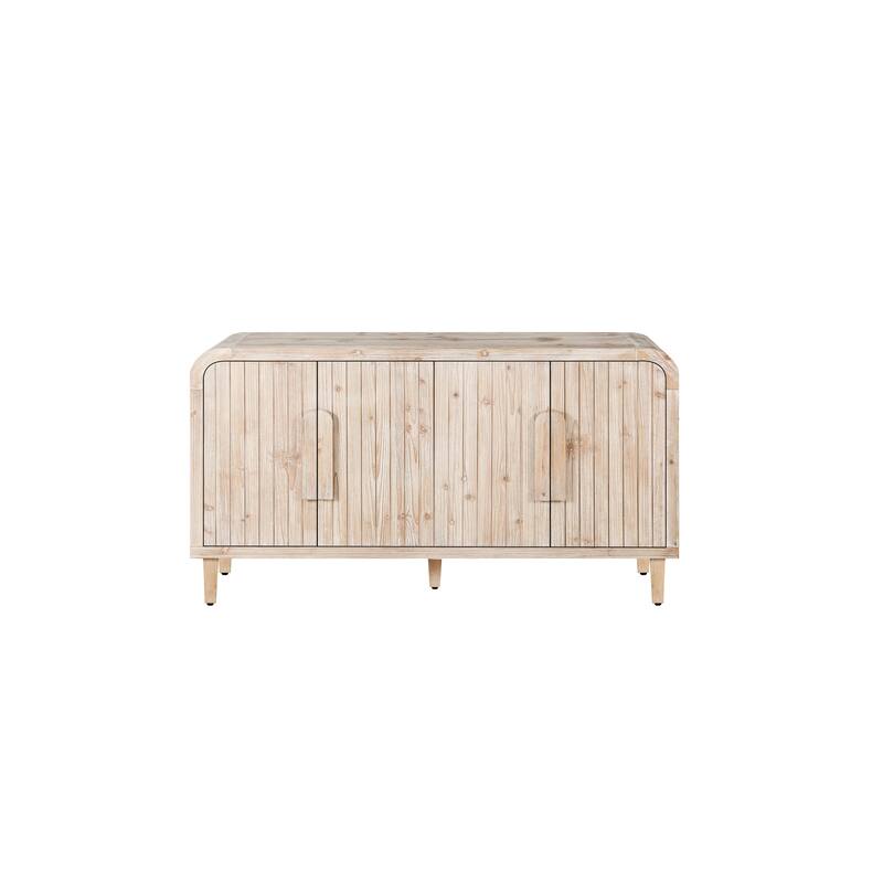 Curved Cabinet with Vertical Wood Grain Carving, 4 Door Sideboard with Adjustable Shelves, Accent Cabinet with Wooden Handles