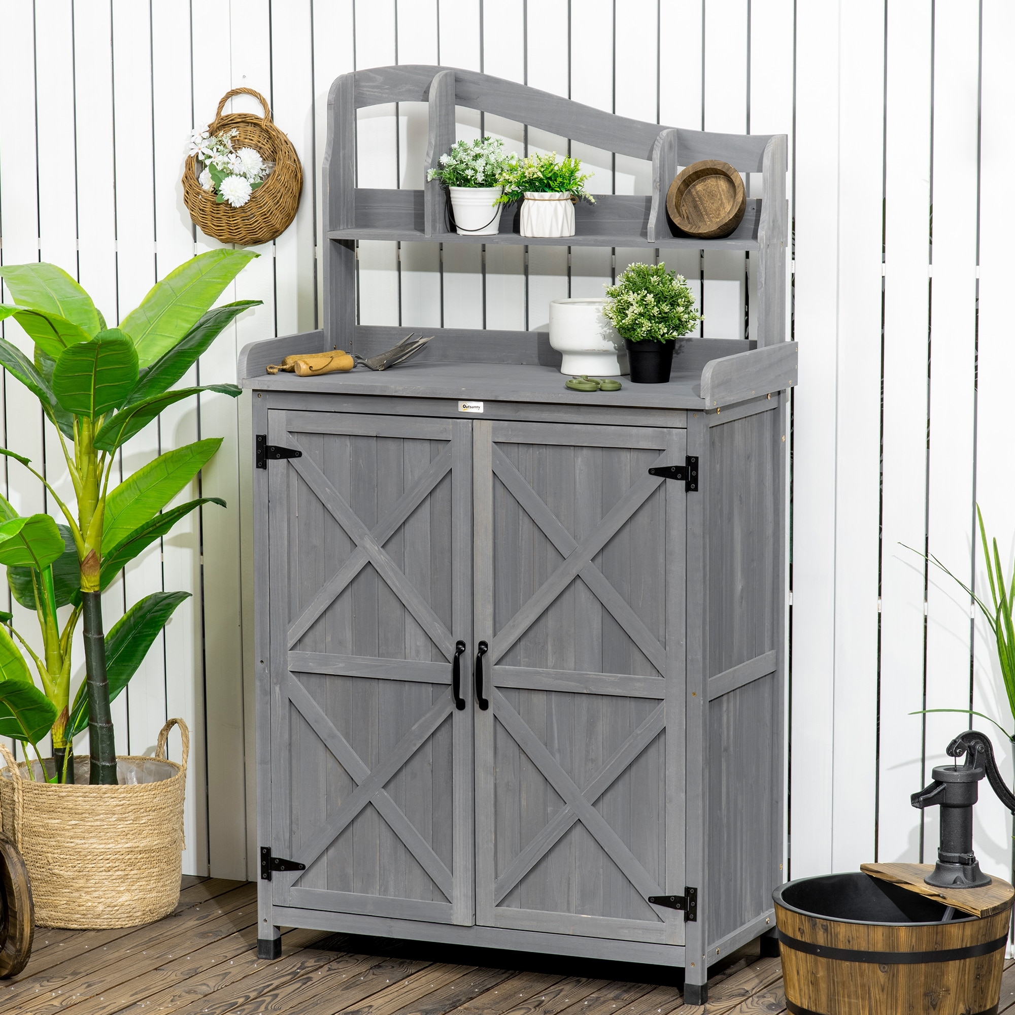 Outsunny Outdoor Potting Bench Table & Garden Storage Cabinet, Multi-function Gardening Bench, Wooden Planting Workstation
