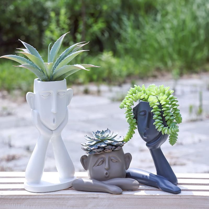 Curata Home Set of 3 Resin Abstract Family Face Gray tones Vases Small: 4.25" x 6.25", Medium: 8" x 4.75" Tall: 10" x 4.75"