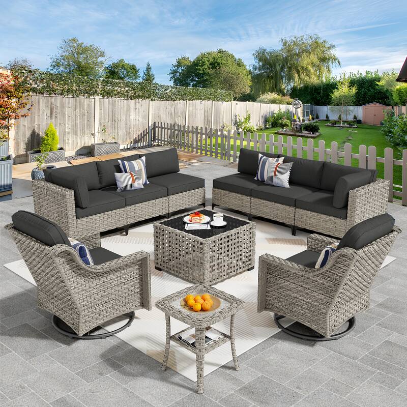 OVIOS 10 Pieces Outdoor Wicker Swivel Chair Set With Solar-Powered Coffee Table - Black