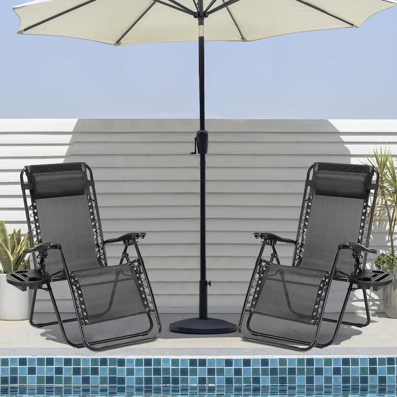 Set of 2 Folding Reclining Lounge Chair, Outdoor Zero Gravity Recliner W/Side Tray & Detachable Headrest Pillow