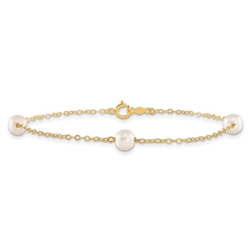 Curata 14k Yellow Gold 5 6mm White Freshwater Cultured Pearl 3 station Bracelet 7.25 Inch