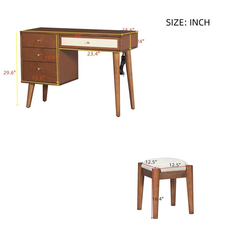 39" Retro Bohemian Style Wooden Makeup Vanity Set with Charging Plug&USB Port and Stool