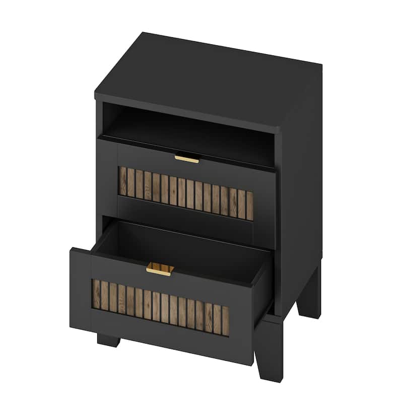 2-Drawer Farmhouse Wooden Nightstand with Wooden Strip Stickers Decoration & Metal Handle, Wood Side Table with Storage Cabinet