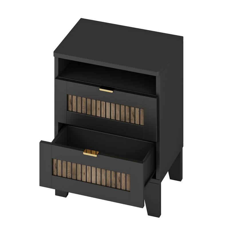 Roomfitters 4 Piece Bedroom Set, Queen Farmhouse Platform Bed Frame, Slatted Wood Design with Bedside Tables, Black