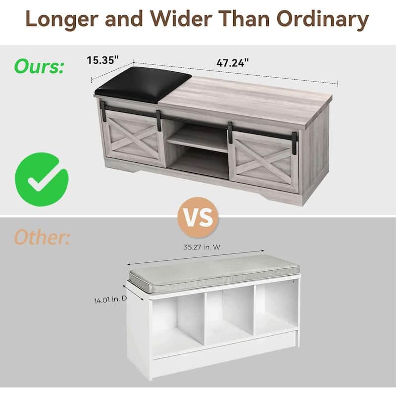 WESOME 47 inch Shoes Bench with Sliding Barn Door Storage Cabinet and Adjustable Shelves - 47.24"Lx15.35"Dx18.7"H