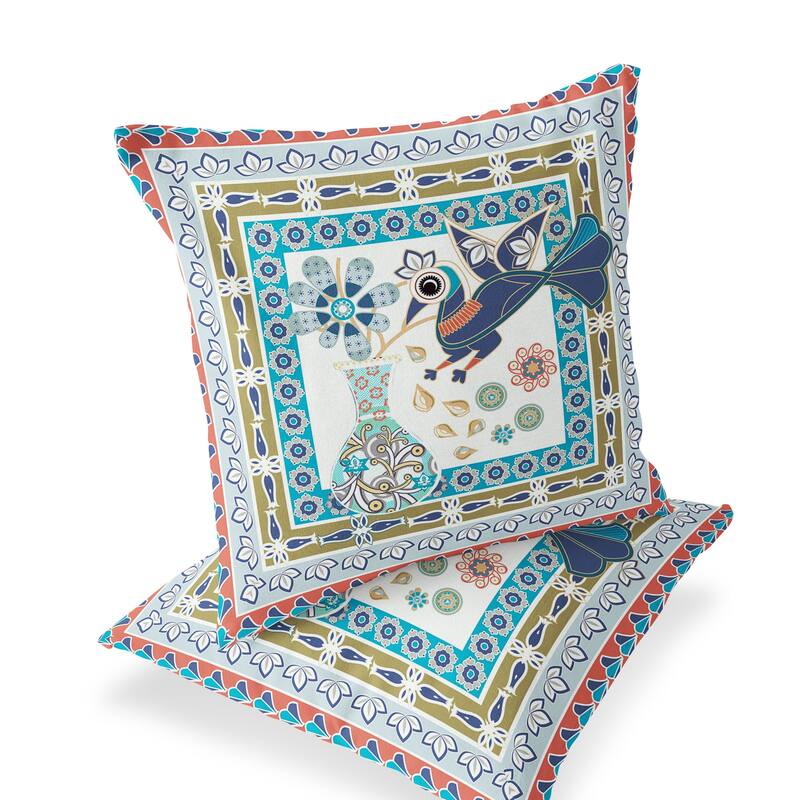 HomeRoots Set of Two 16" X 16" Beige and Green Peacock Blown Seam Floral Indoor Outdoor Throw Pillow - 16.00' X '16.00' X '5.00