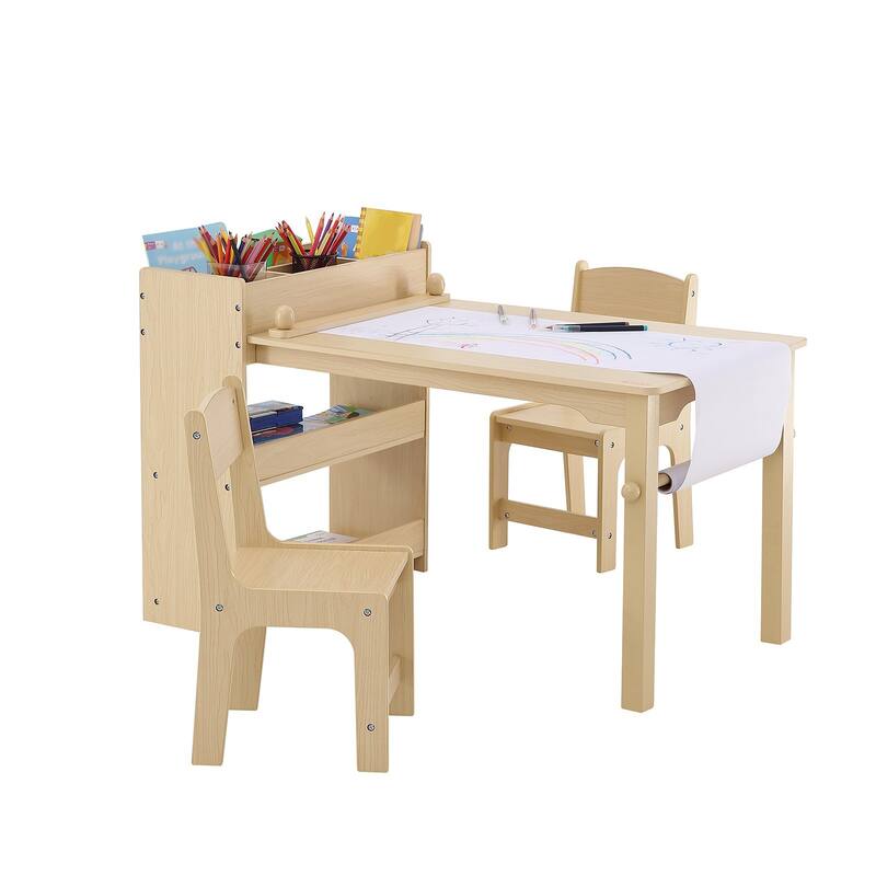 2-in-1 Wooden Toddler Craft and Play Activity Table Set Including 2 Chairs with Cabinet - 31.3x21.85x21.26 inch