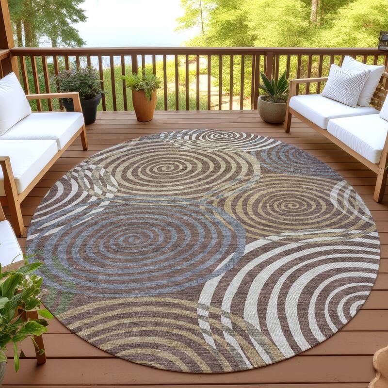 Machine Washable Indoor/ Outdoor Contemporary Swirls Chantille Rug - Chocolate - 8' x 8'