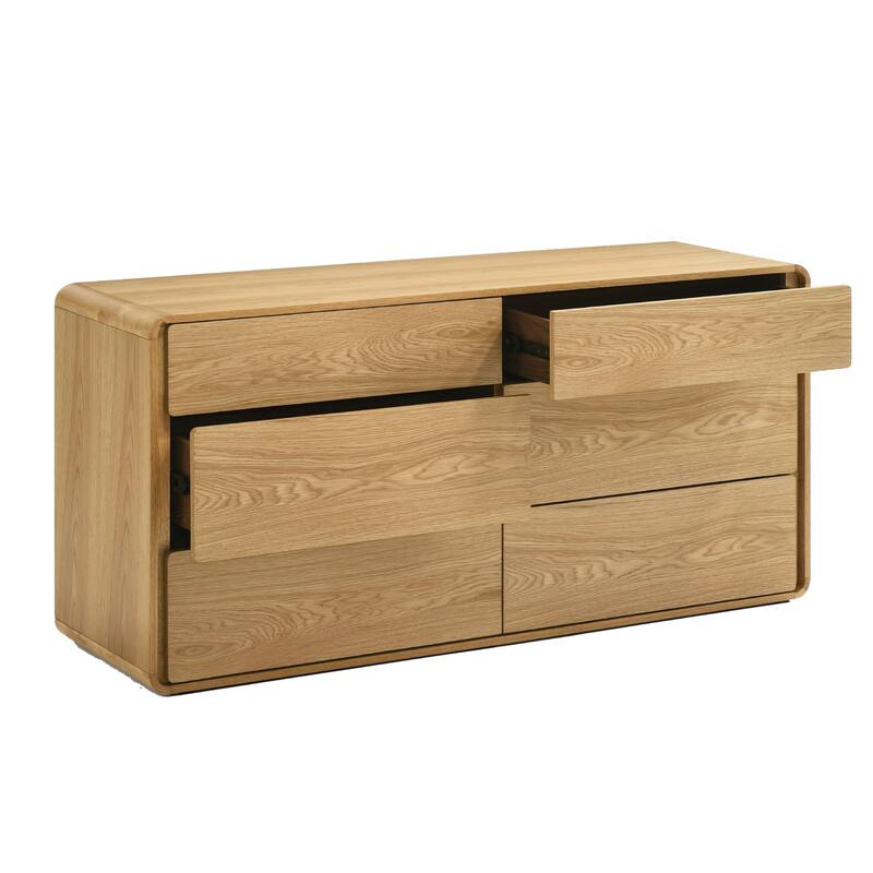 Aki 59 Inch Wide Dresser, 6 Drawers, Natural Brown Rubberwood and Veneer