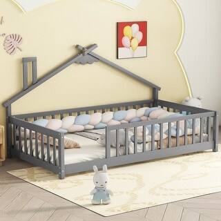 Twin Wood House-Shaped Bedside Floor Bed with Guardrails, Slats, Grey