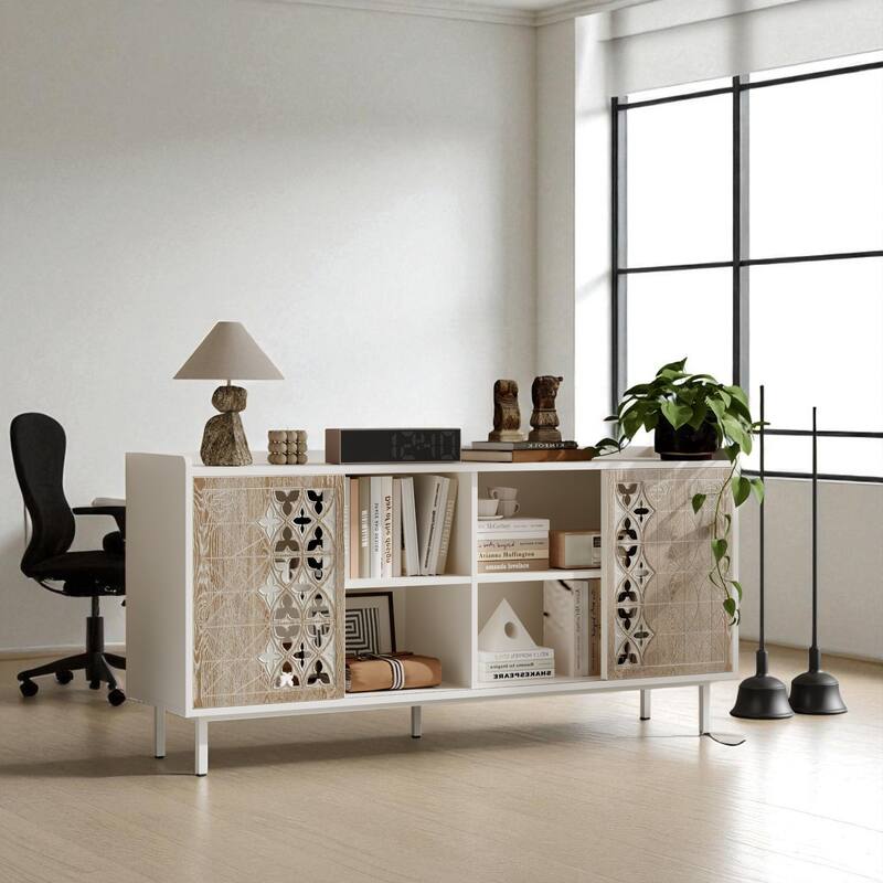 Rustic White Sliding Door Sideboard Cabinet with Shelves - Farmhouse Buffet Console for Dining Room Storage