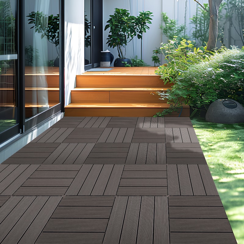 8.7 sq. ft DIY Wood-Plastic Composite Deck Tiles, Coffee, Interlocking Outdoor Flooring Tiles Waterproof All Weather (pack of 9)