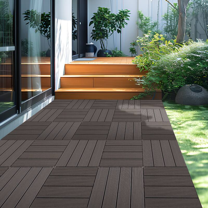 9 PCS heavy-duty & recyclable Wood-Plastic Interlocking Deck Tiles 11.8" x 11.8"