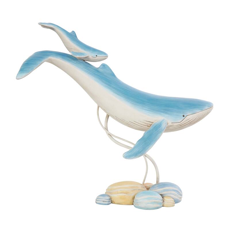 Blue Polystone Swimming Mother and Baby Whale Decorative Sculpture with Yellow Accents