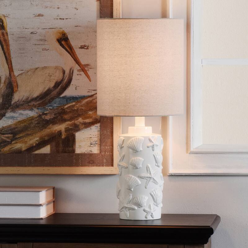 StyleCraft Seashell Motif White Table Lamp - White Hardback Fabric Shade