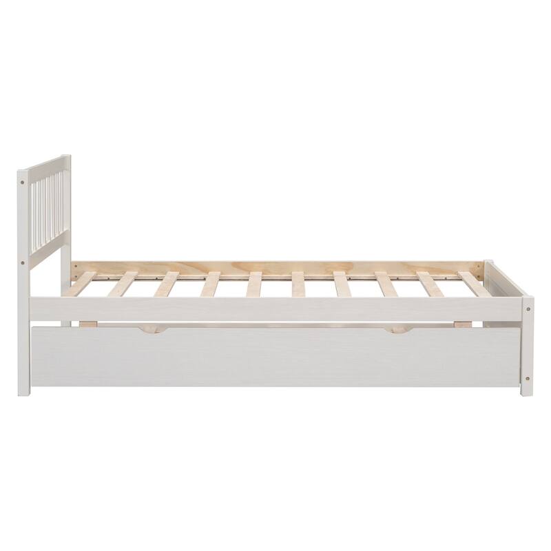 Modern Wooden Twin Size Platform Bed Frame with Trundle Bed, Slats