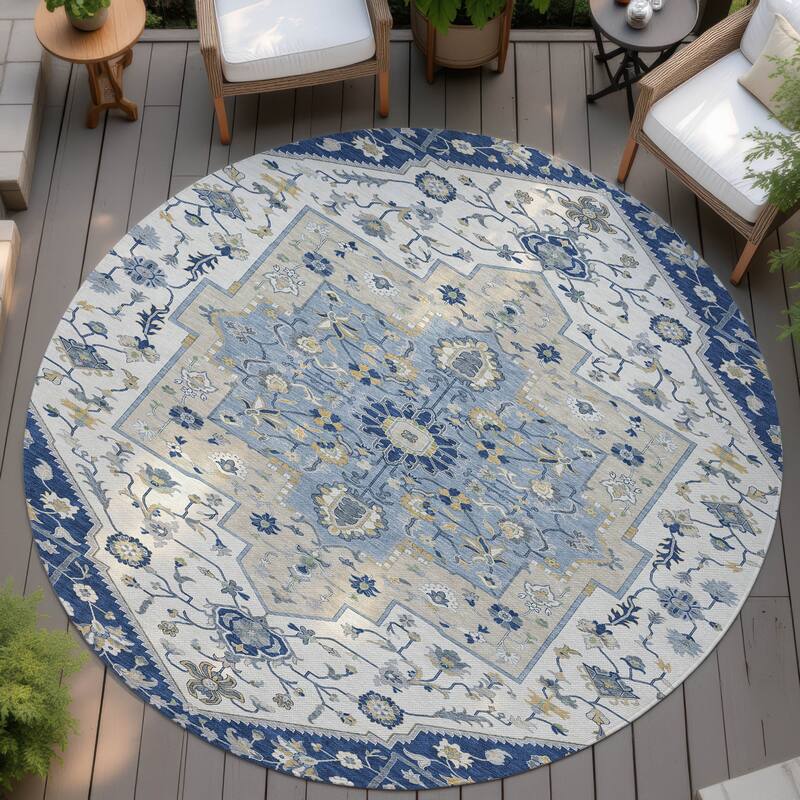 Machine Washable Indoor/ Outdoor Traditional Kolkata Chantille Rug - Navy - 8' x 8'
