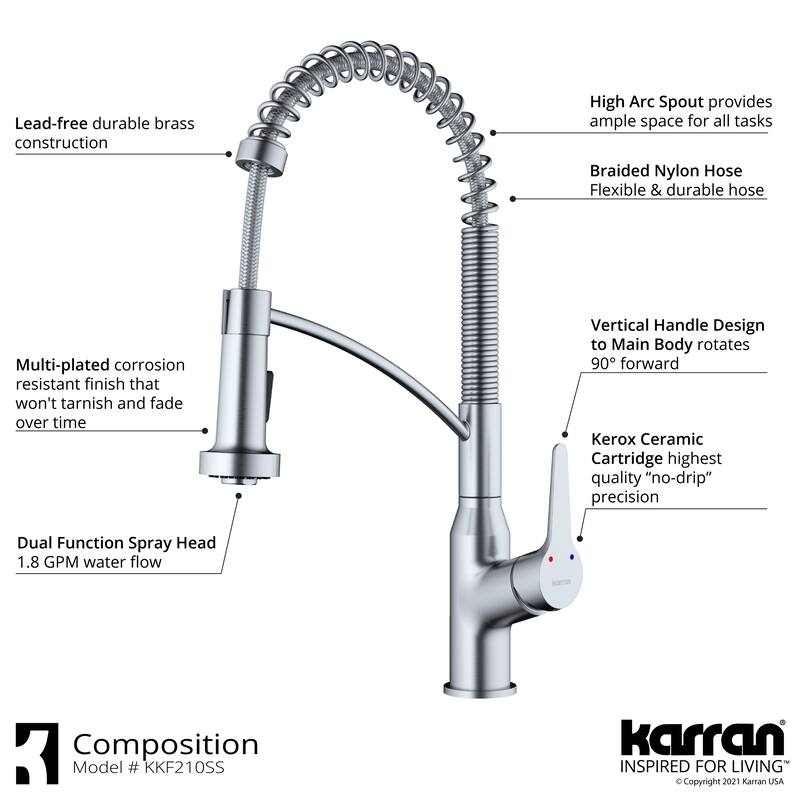 Karran All in One Apron Front Quartz 34 in. Double Bowl 50/50 Kitchen Sink in White with Faucet KKF210 in Stainless Steel