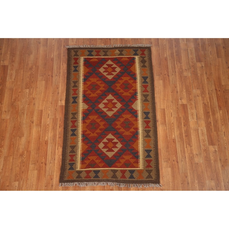 Reversible Red Kilim Oriental Area Rug Flat-weave Tribal Wool Carpet - 3'3" x 5'2"