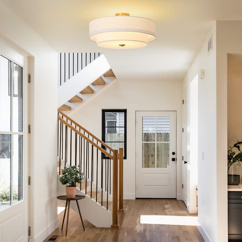 French Country Brass Round White Linen Drum Ceiling Light