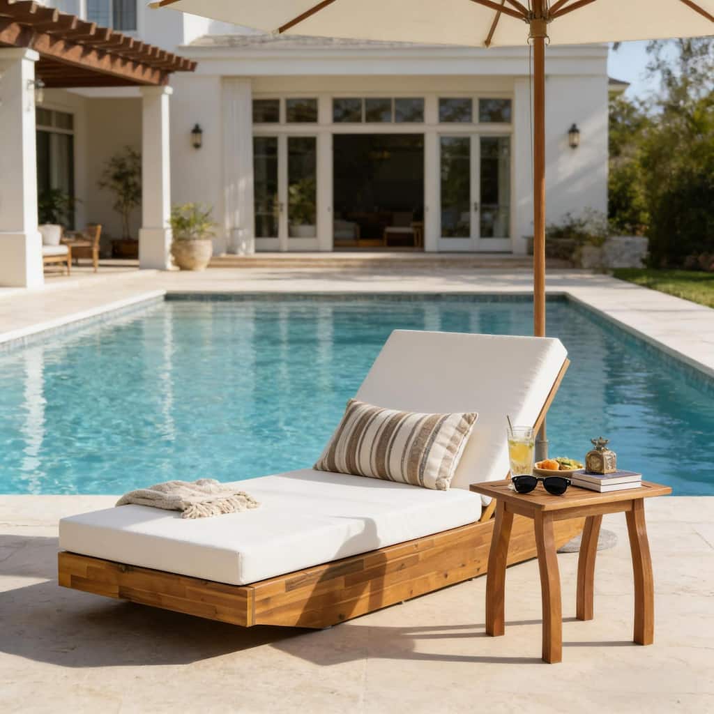 Roomfitters Acacia Wood Chaise Lounge, Cream Water Repellent Cushion, Teak Finish Reclining Sun Lounger, Poolside Daybed