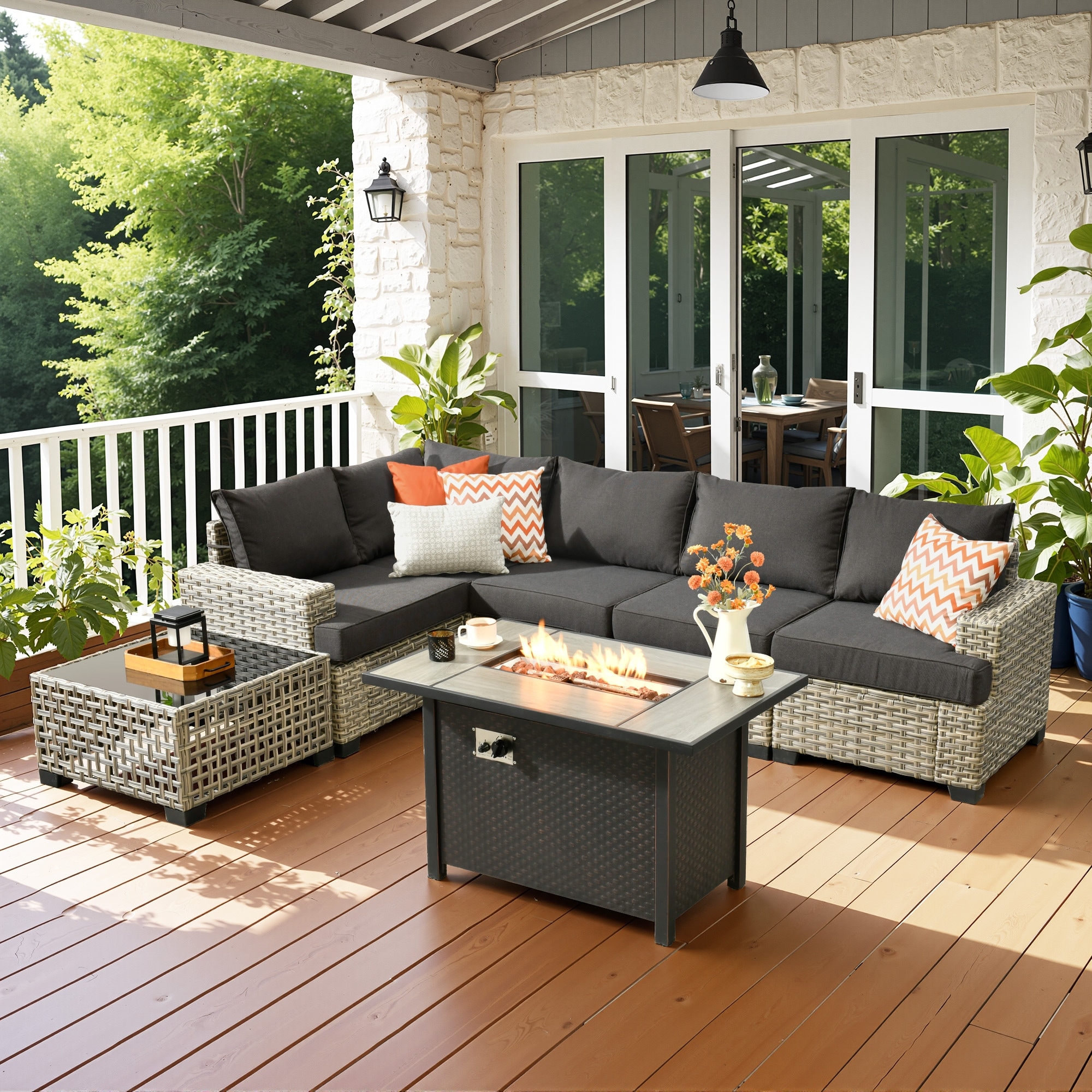 OVIOS 7 Pieces T shaped Seat Wide Armrest Set With Solar-Powered Coffee Table&Fire Pit
