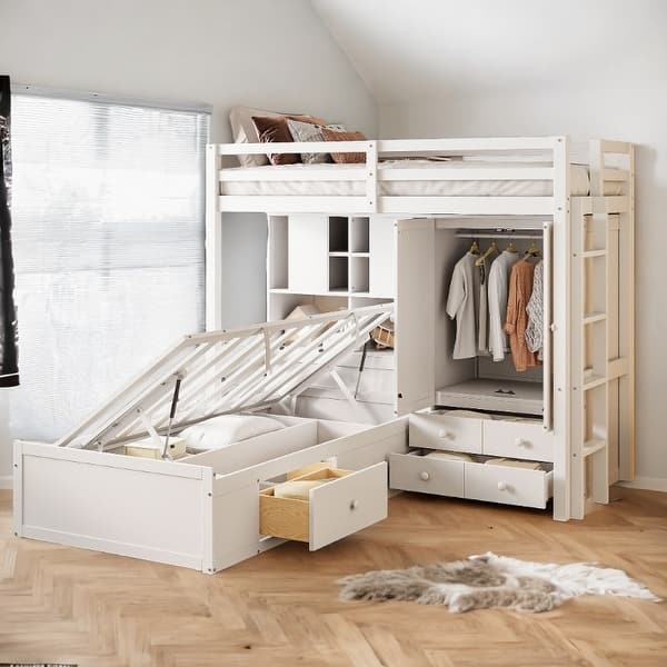 slide 2 of 16, Twin Hydraulic Bunk Bed with Drawers, Wardrobe, Storage Cabinets White