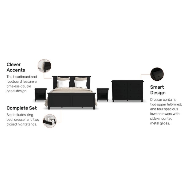 Homestyles 4-Piece Oak Park Black Wood King Bed, Two Nightstands