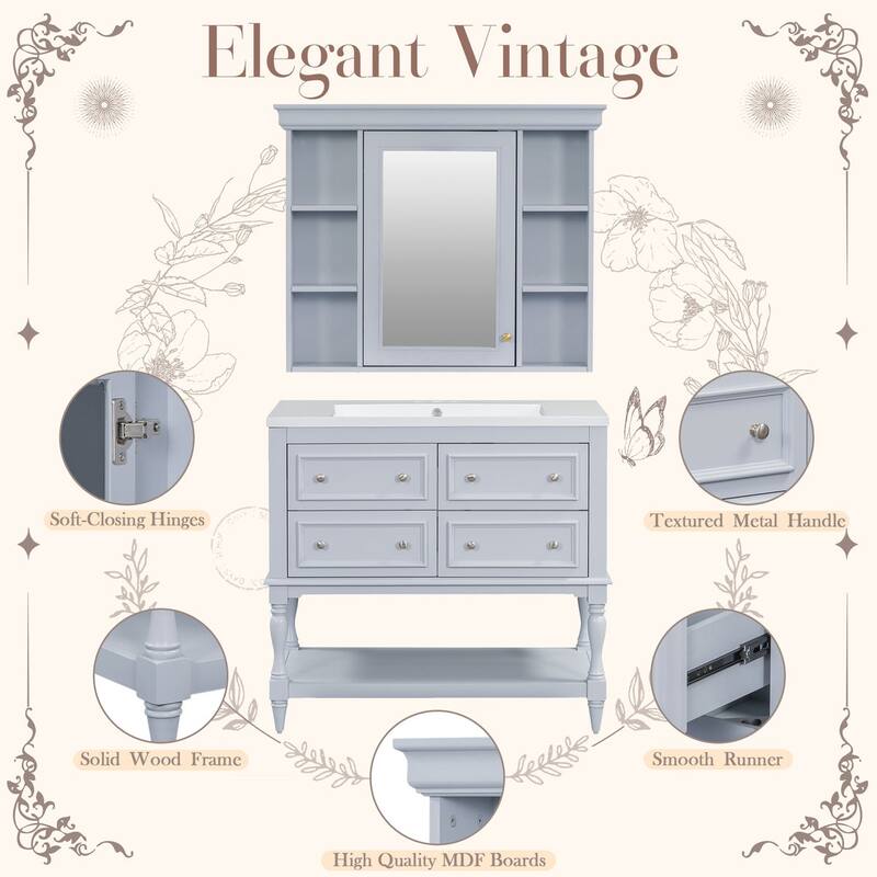 36 inch MDF Freestanding Bathroom Vanity Set with Integrated Resin Sink with Mirror cabinet