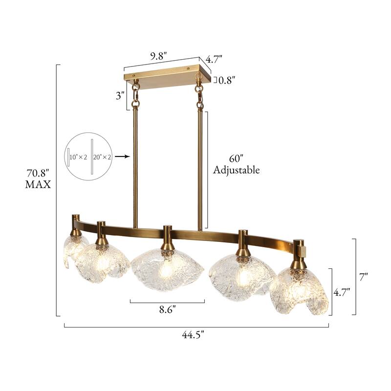 Modern Gold 5-Light Linear Chandelier Glass Island Pendant for Kitchen Island - 44.5" W x 7" H x 8.3" D