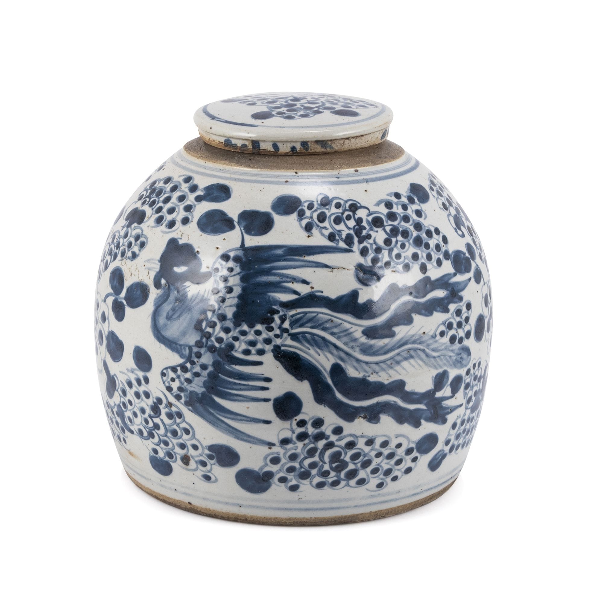 12 in H Vintage Ming Jar Phoenix Motif Large Blue Porcelain