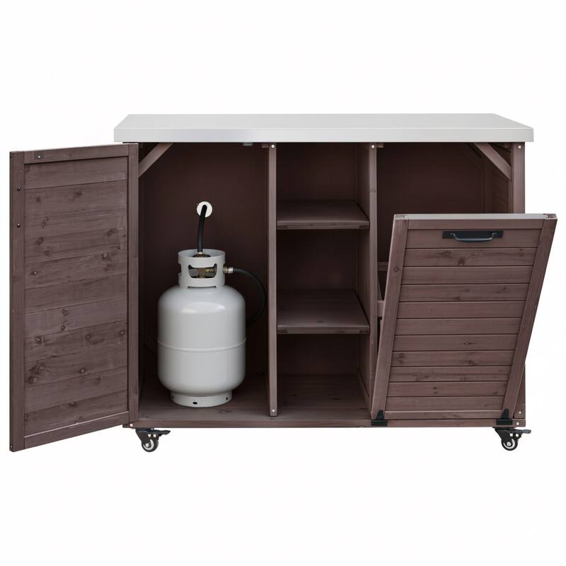 78.3" Outdoor Kitchen Island with Foldable Grill Table, Wooden Cart with Trash Storage & Stainless Steel Top for Lawn & Garden