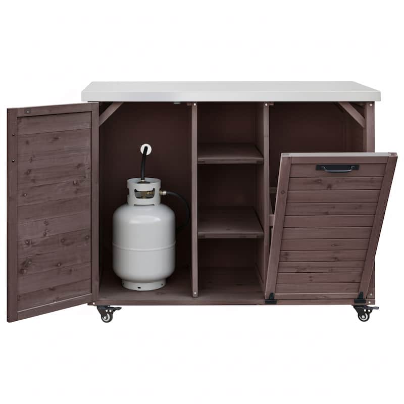 78.3" Outdoor Kitchen Island with Foldable Grill Table, Wooden Outdoor Grill Cart with Trash Can Storage & Stainless Steel Top