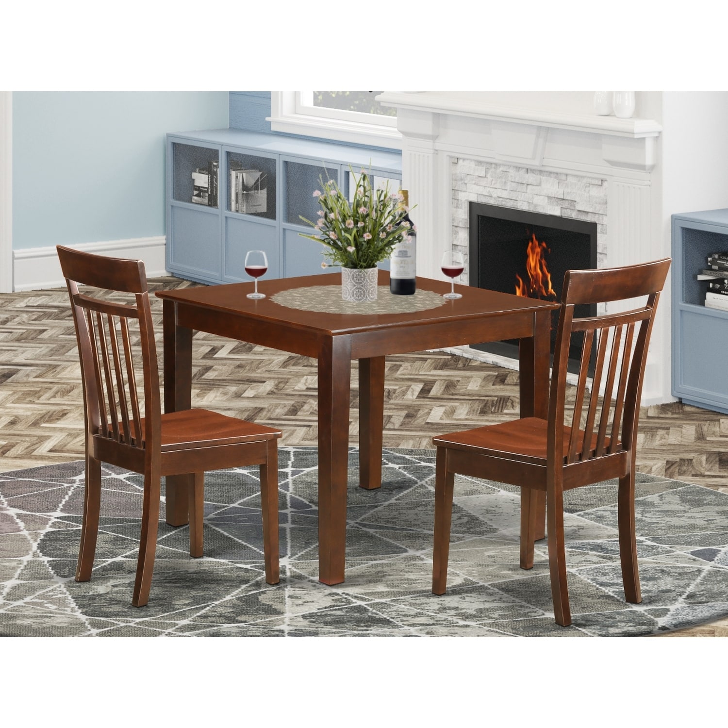 Chic 3 Piece Kitchen Dining Set - Small Space Table & Chairs - Modern Design - Mahogany Finish