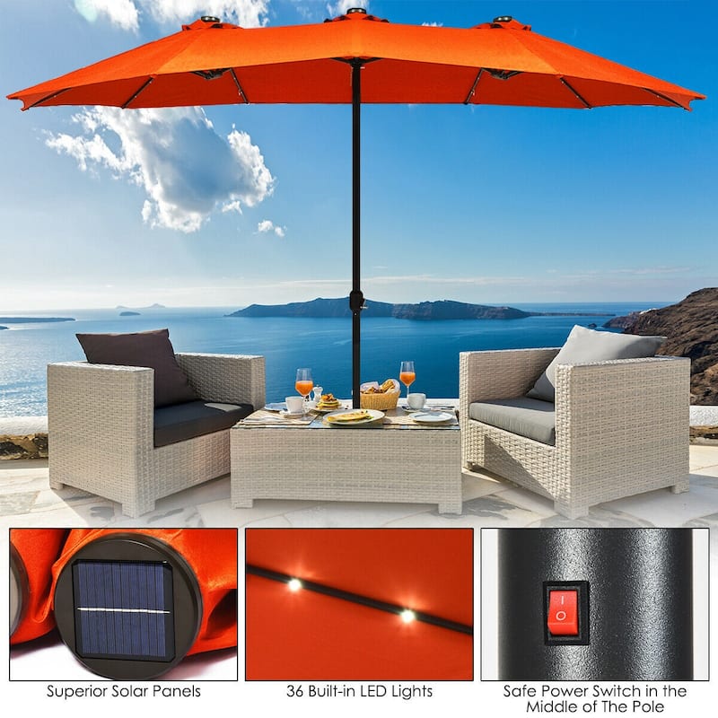 15 Ft Patio LED Crank Solar Powered 36 Lights Umbrella - 15 Ft x 8 Ft (W x H)