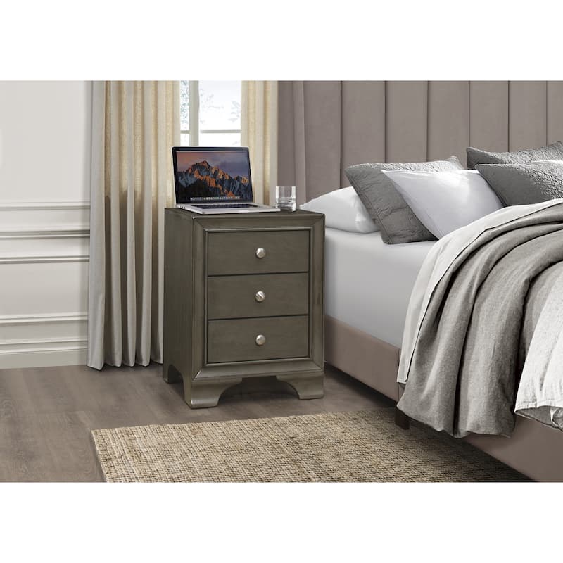 Elegant Gray Finish Nightstand - Polished Chrome Tone Knobs - Convenient USB Charging