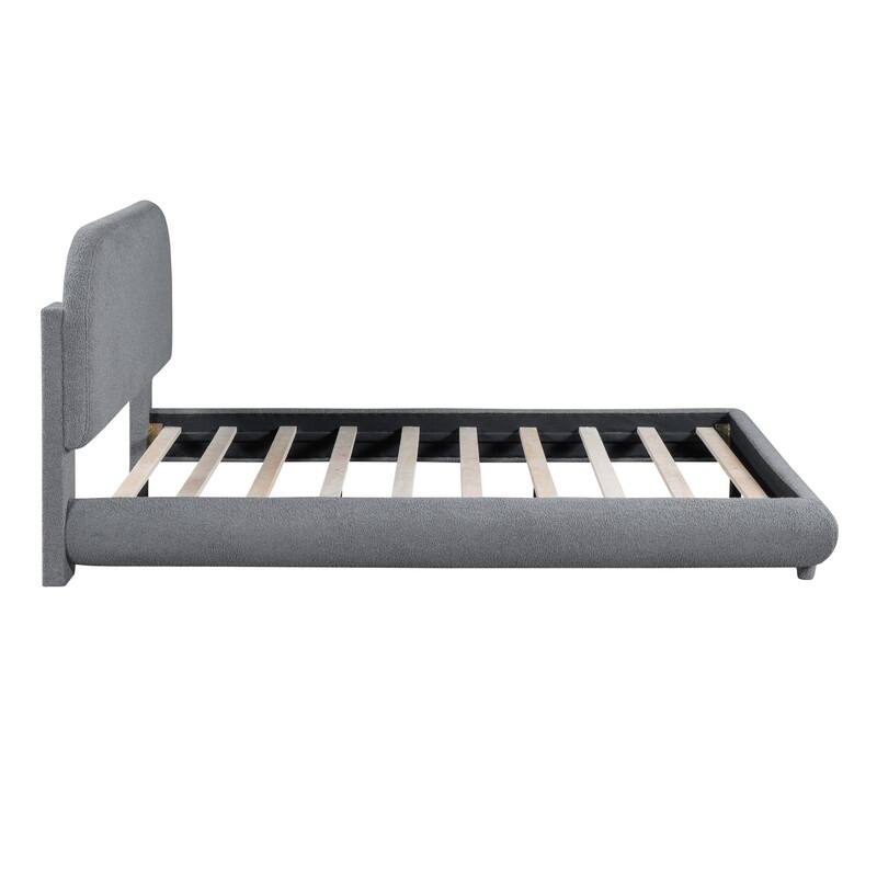 Full/Queen Size Teddy Fleece Upholstered Bed with Thick Fabric, Platform Bed Frame with Headboard & Stylish Curve-shaped Design