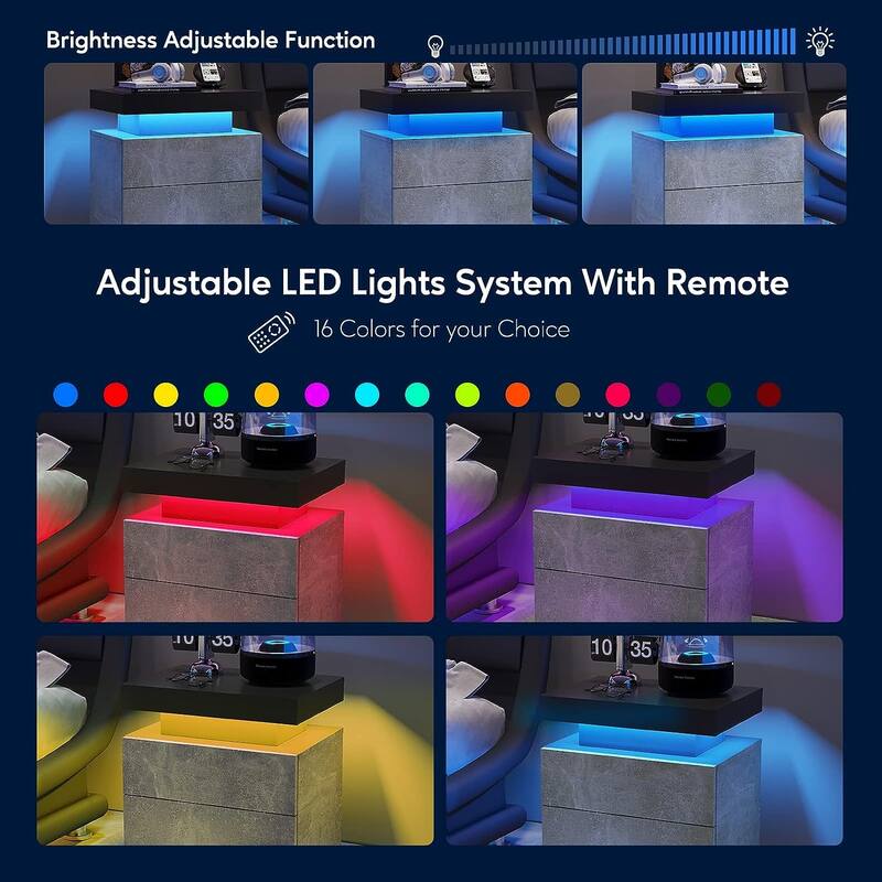 LED Nightstand with 2 Drawers for Bedroom