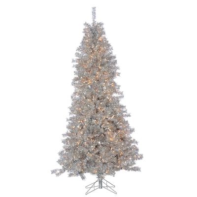 7.5 Foot Silver Curly Tinsel Tree with 550 Clear Lights - N/A