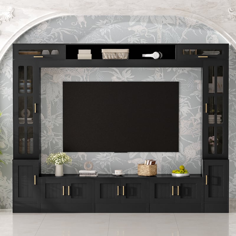 80 inch TV Stand, 8.4 ft Wall Unit Entertainment Center with Bookshelves & Glass Door Cabinets