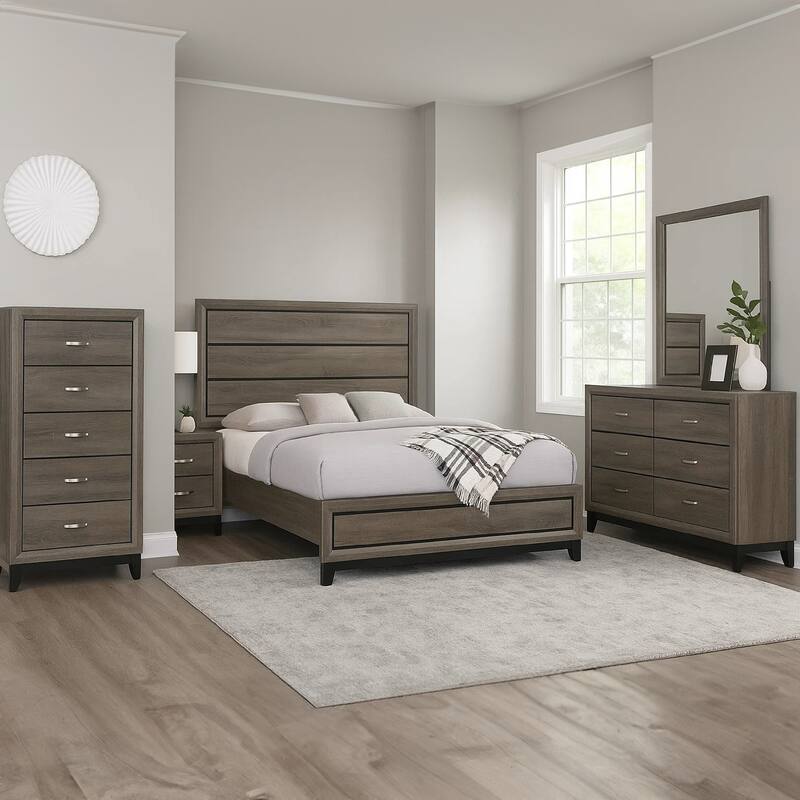 Mela 5pc Queen Bed Set, Nightstand Dresser Chest and Mirror, Oak Gray
