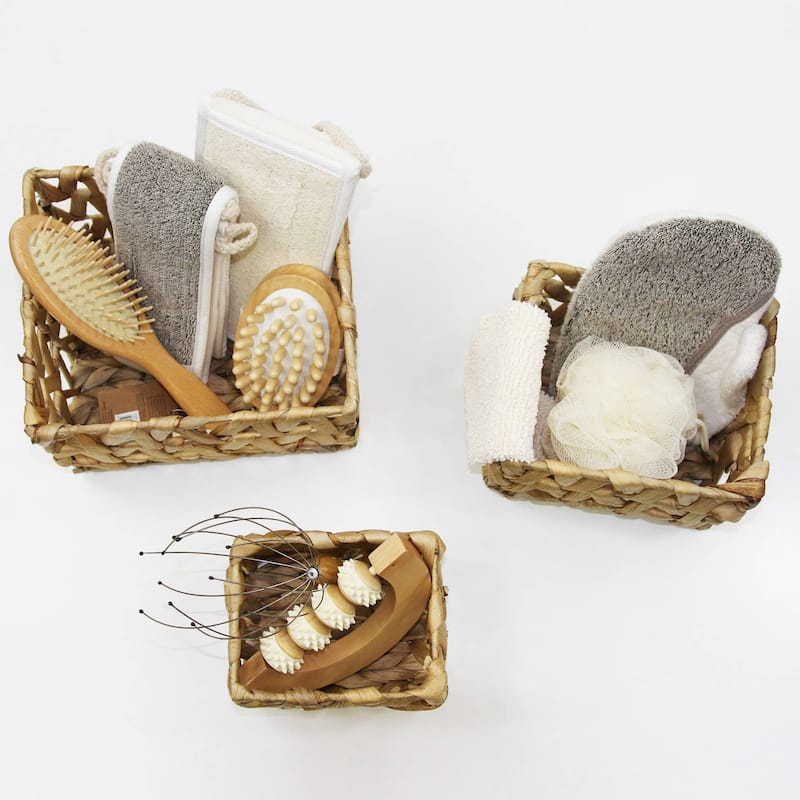 Rectangular Braided Water Hyacinth Baskets Handles Natural Set of 3 - 9"L x 8"W x 6"H