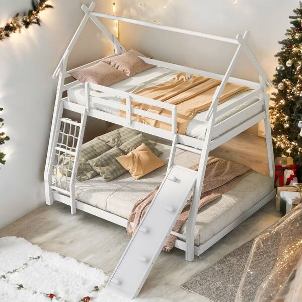 slide 2 of 16, Twin over Queen House Bunk Bed with Climbing Nets and Climbing Ramp White