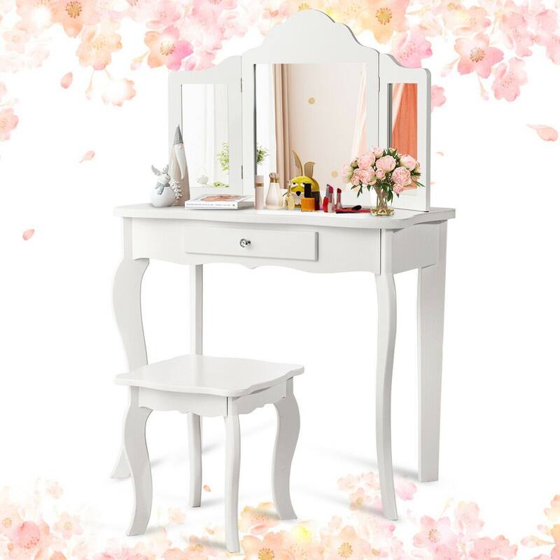 Kids Makeup Dressing Mirror Vanity Table Stool Set - 27.5" x 13.5" x 41" (L x W x H)